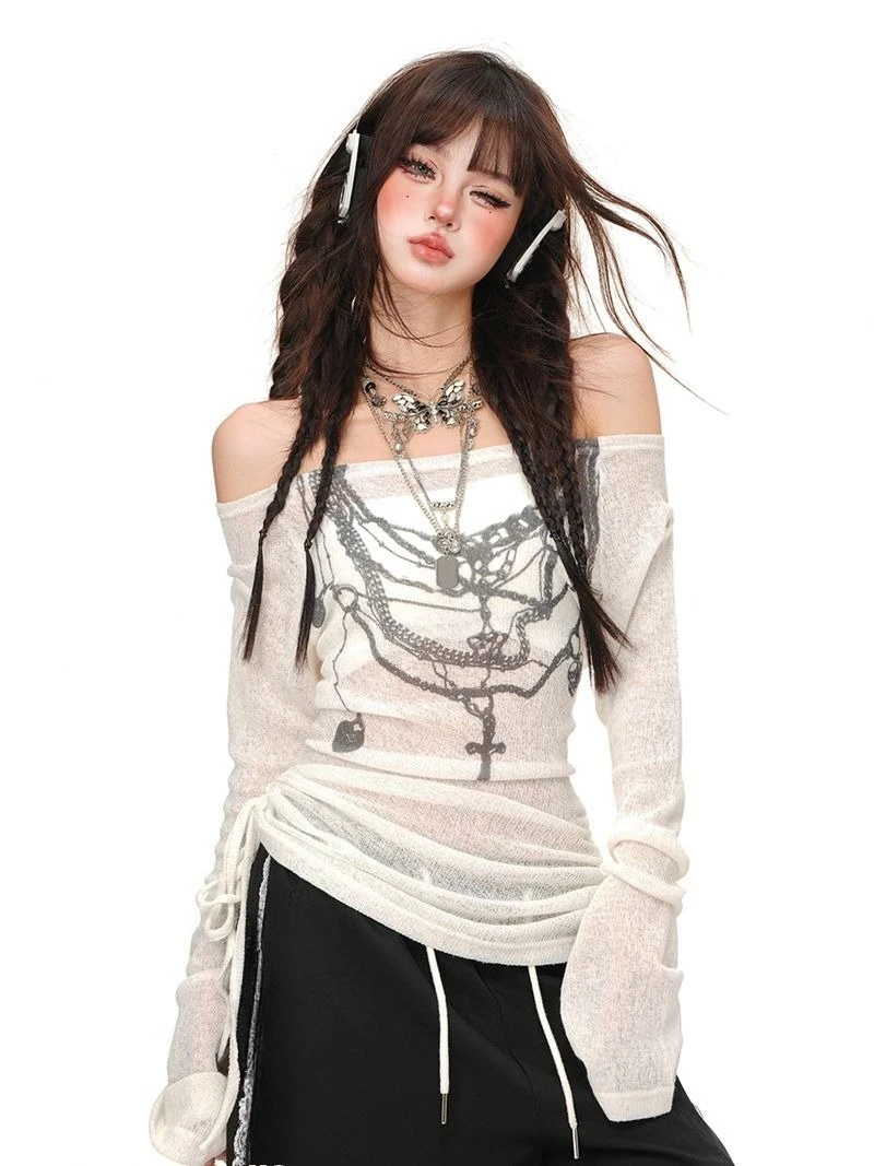 American Style Printed One Shoulder Slightly  Transparent Sweet Cover Women's Thin Drawstring Top Sun Protection Shirt T-shirts