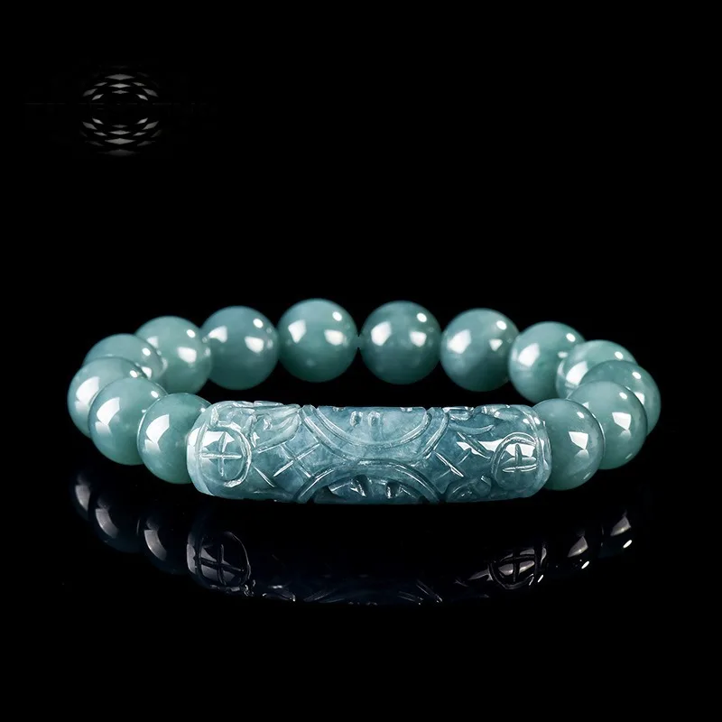 

TIMESWIND Natural A-type Jade Blue Beaded Curved-Shaped Carved Bracelet for Men with Certificate