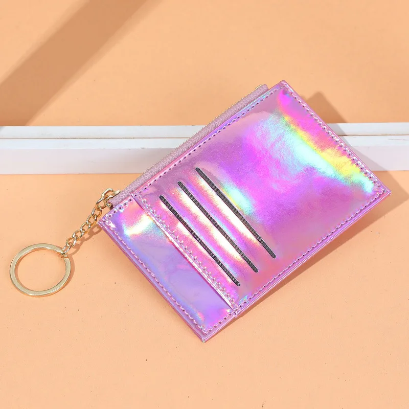 PU Leather Credit Card Bag Purse With Keychain Fashion Mini Colorful Laser Color Zipper Pocket Coin Cash Bus Card Organizer