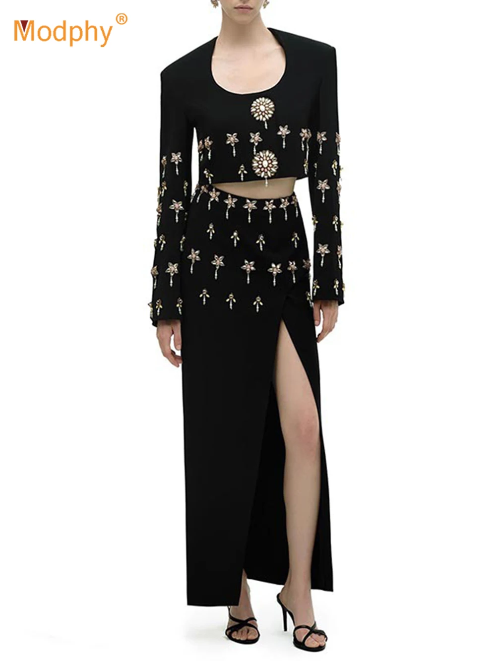 

Modphy High Quality Black Women Diamond Two Piece Set Long Sleeved Crop Top + High Waist Split Skirt Slim Outfit Evening Party