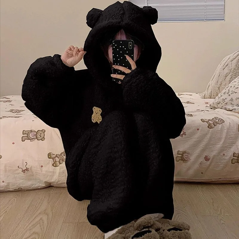 Brown Furry Pajama Sets Fluffy Teddy Bear Hooded Zipper Sleepwear Women Flannel Warm Thick Christmas Homewear Kawaii Nightwear