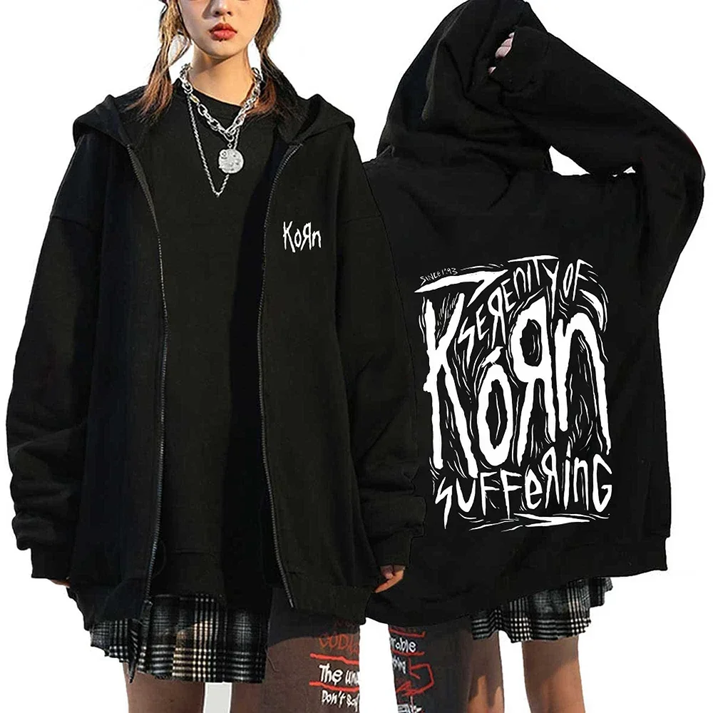 Korn Rock Hoodies WORLD TOUR Zipper Sweatshirts Korn Rock Metal Zip Up Jackets Fleece Oversized Jackets Coats Hip Hop Streetwear