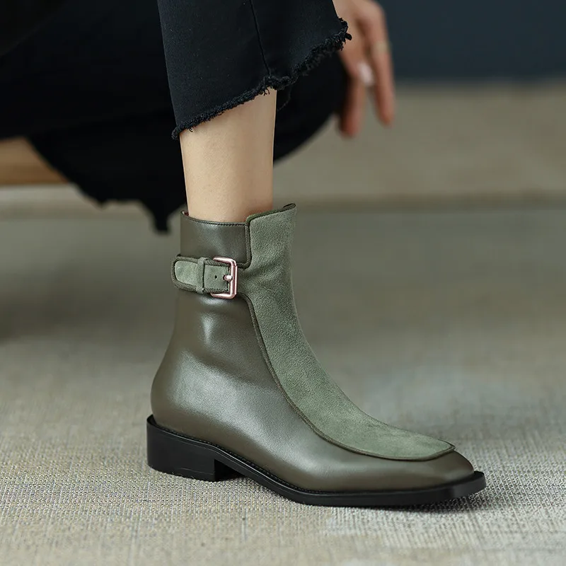 FEDONAS Fashion Elegant Women Ankle Boots Splicing Genuine Leather Metal Buckle Low Heels Office Lady Shoes Woman Autumn Winter