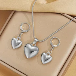 Vintage Simple Heart Shaped Pendant Necklace Earring Set Elegant Charm Smooth Metal Hoop Earrings Women's Trendy Party Jewelry