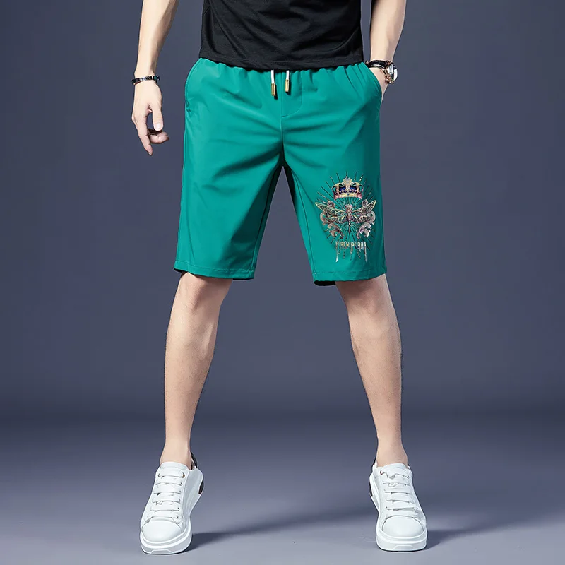 

Мужские модные летние тонкие шорты-бриджи из ледяного шелка с зеленым принтом и стразами, длиной до колена, для прохладного ощущения