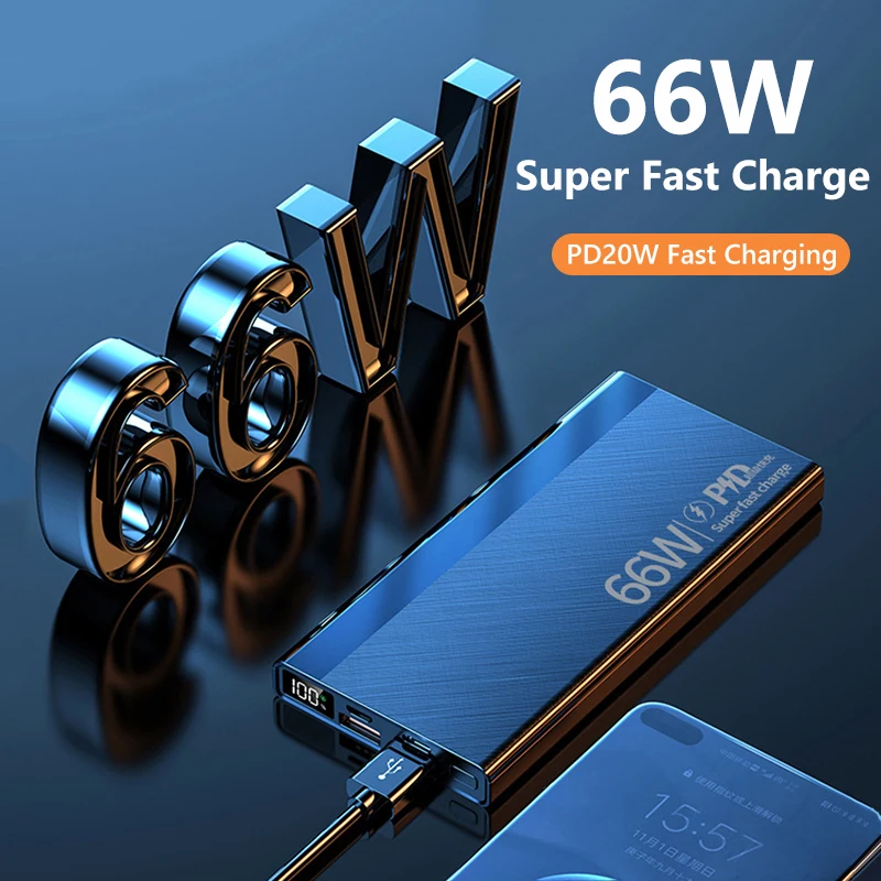 

66 Вт Power Bank с быстрой зарядкой 30000 мАч для iPhone 15 14 Pro Huawei Xiaomi Samsung S23 PD 20 Вт Внешнее зарядное устройство Powerbank