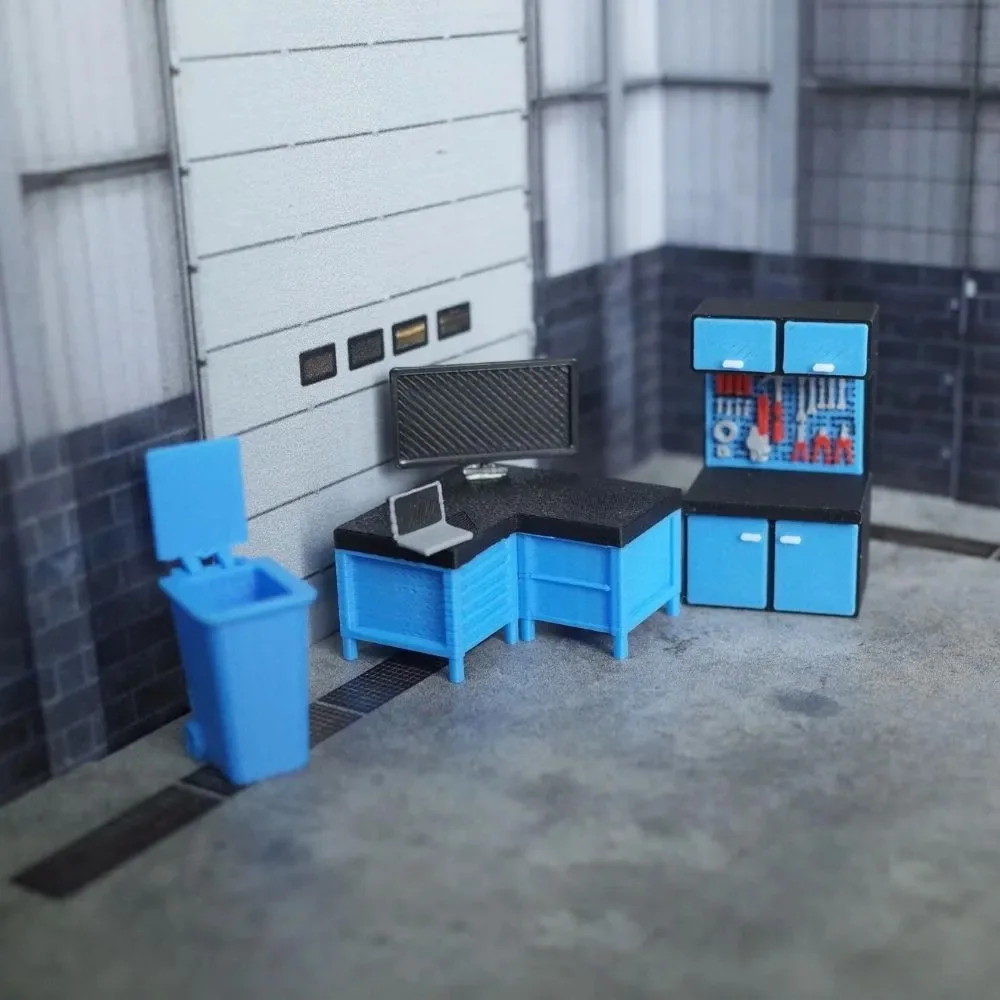 1:64 Scale Blue Garage Diorama Model L Shaped Workbench Pegboard Tool Cabinet Miniature Desk Display Decor