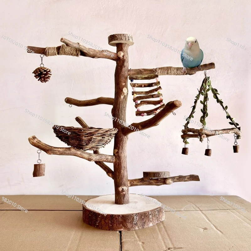 Wood Desktop Bird Rod Stand with Swing, Branch Rack for Parrot Budgie Cockatiel, Hanger with Nest Home Birds Cage Supplies