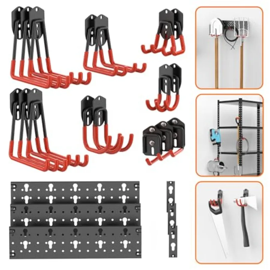 

24 PCS Garage Storage Hooks with Tracks, Wall Mount Tool Organizer for Garden Tools, Ladders, Cords, Folding Chairs, Shovels an