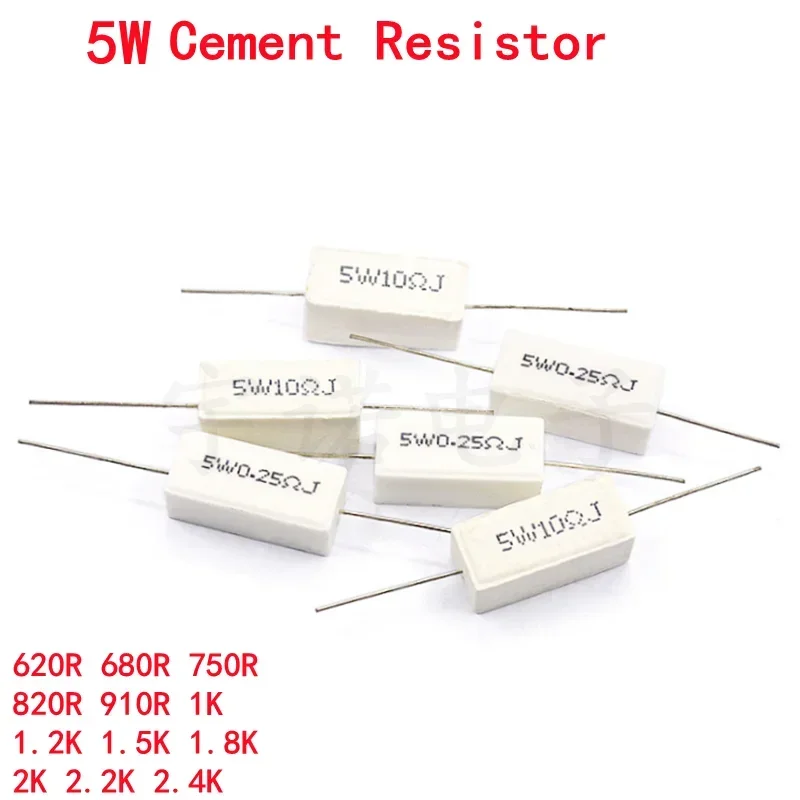 

10piece 5W 5% Cement Resistor Power Resistance 620R 680R 750 820R 910R 1K 1.2K 1.5K 1.8K 2K 2.2K 2.4K Ohms Accurate Good Quality