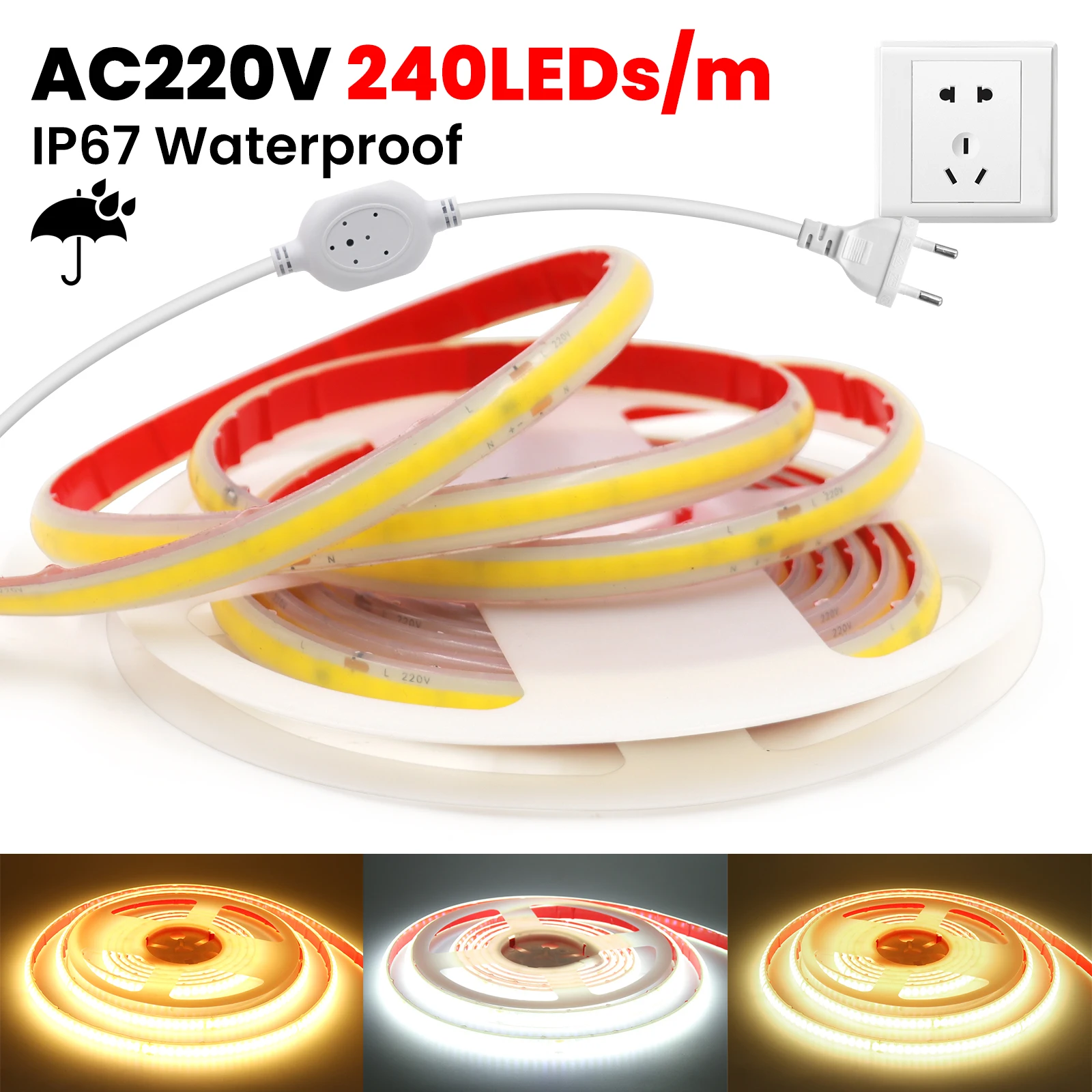 

IP67 Waterproof COB Strip 220V 240Leds/m Flexible Ribbon Tape for Room Kitchen Outdoor Garden Lighting RA90 3000K 4000K 6000K