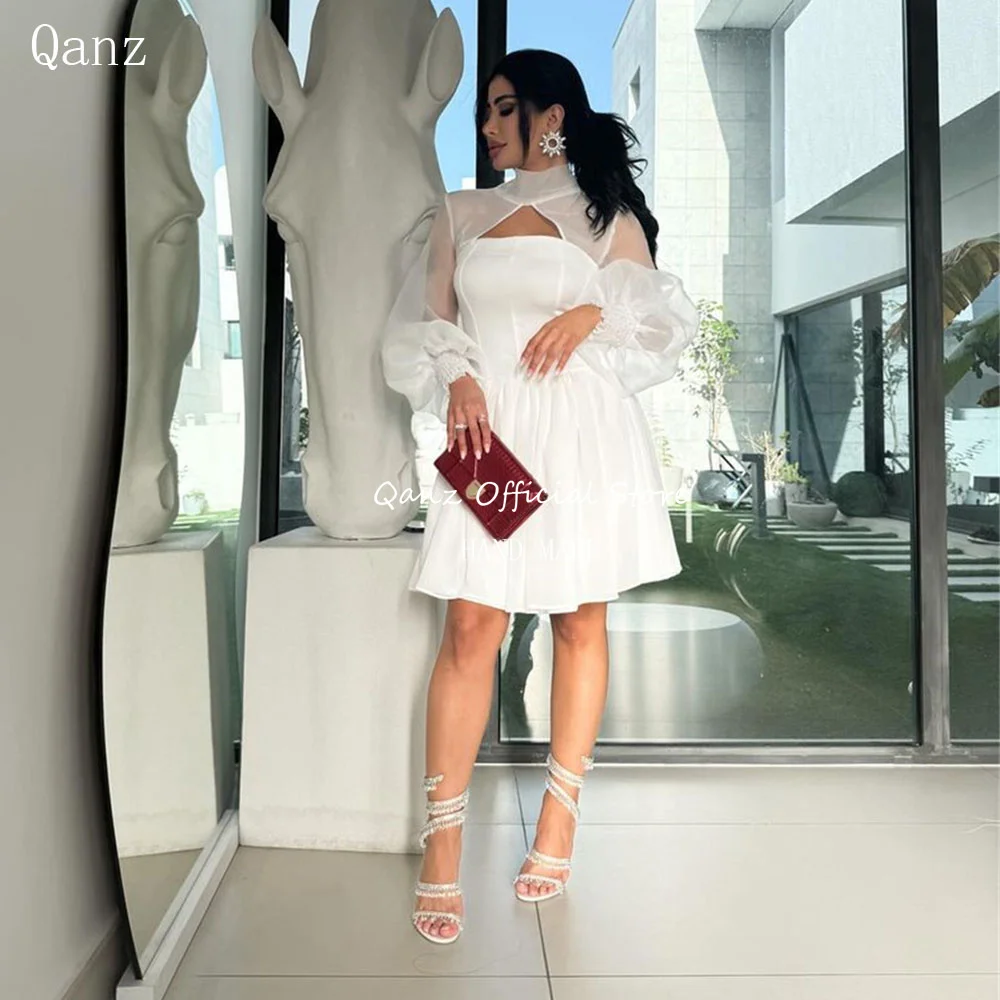 

Qanz White Dubai Wedding Party Dress Prom Dresses Strapless Short High Quality Satin Vestidos De Fiesta Elegantes Customized