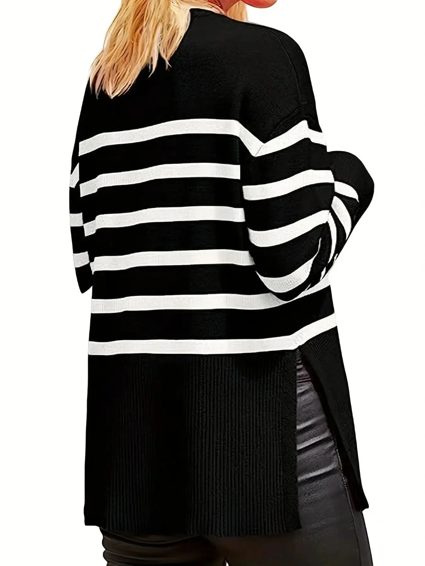 Women\'s Sweater Casual Striped Crew Neck Dropped Shoulder Split Loose Fall Winter Sweater