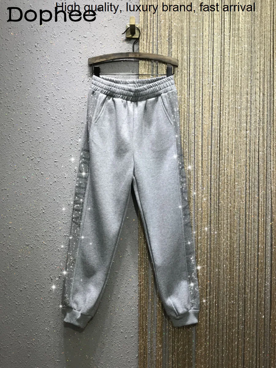 

Sweatpants Hot Drilling Women Casual Trousers 2023 Autumn and Winter New Elastic Waist Loose Tappered Cropped Harem Pants Tide