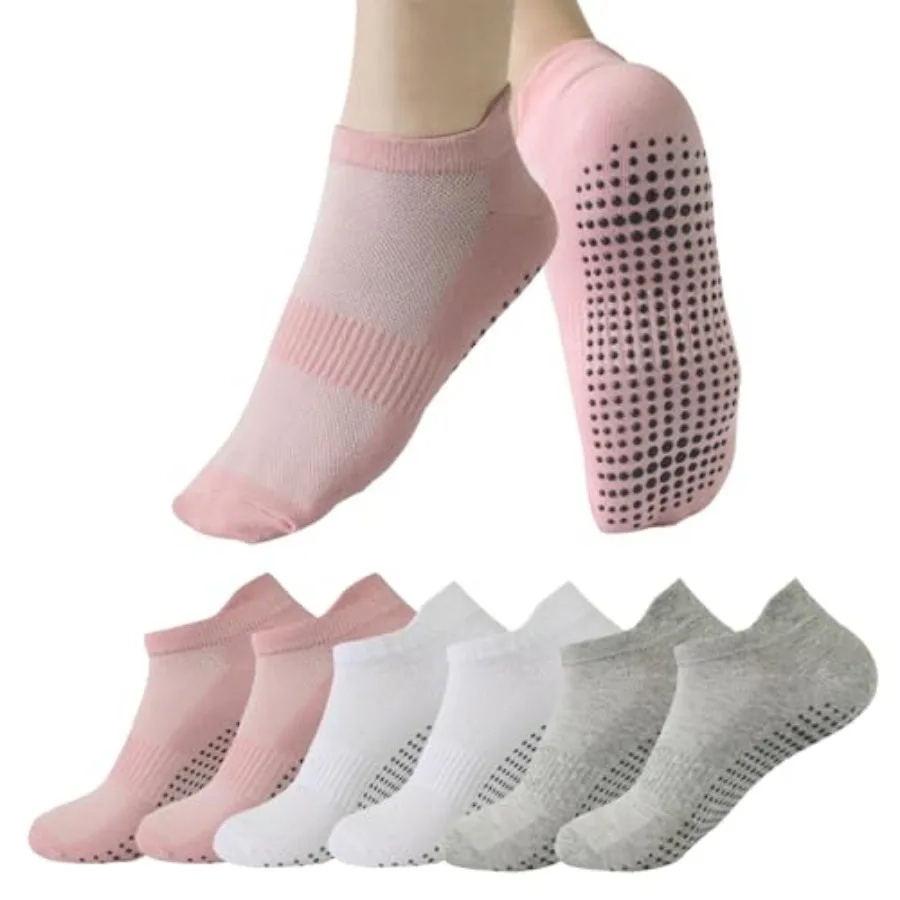 

Yoga Socks with Grips for Women Pilates Barre 3 Pairs 3 Colors Non-Slip Sweat-Resistant Cotton Blend Socks for Indoor Workouts