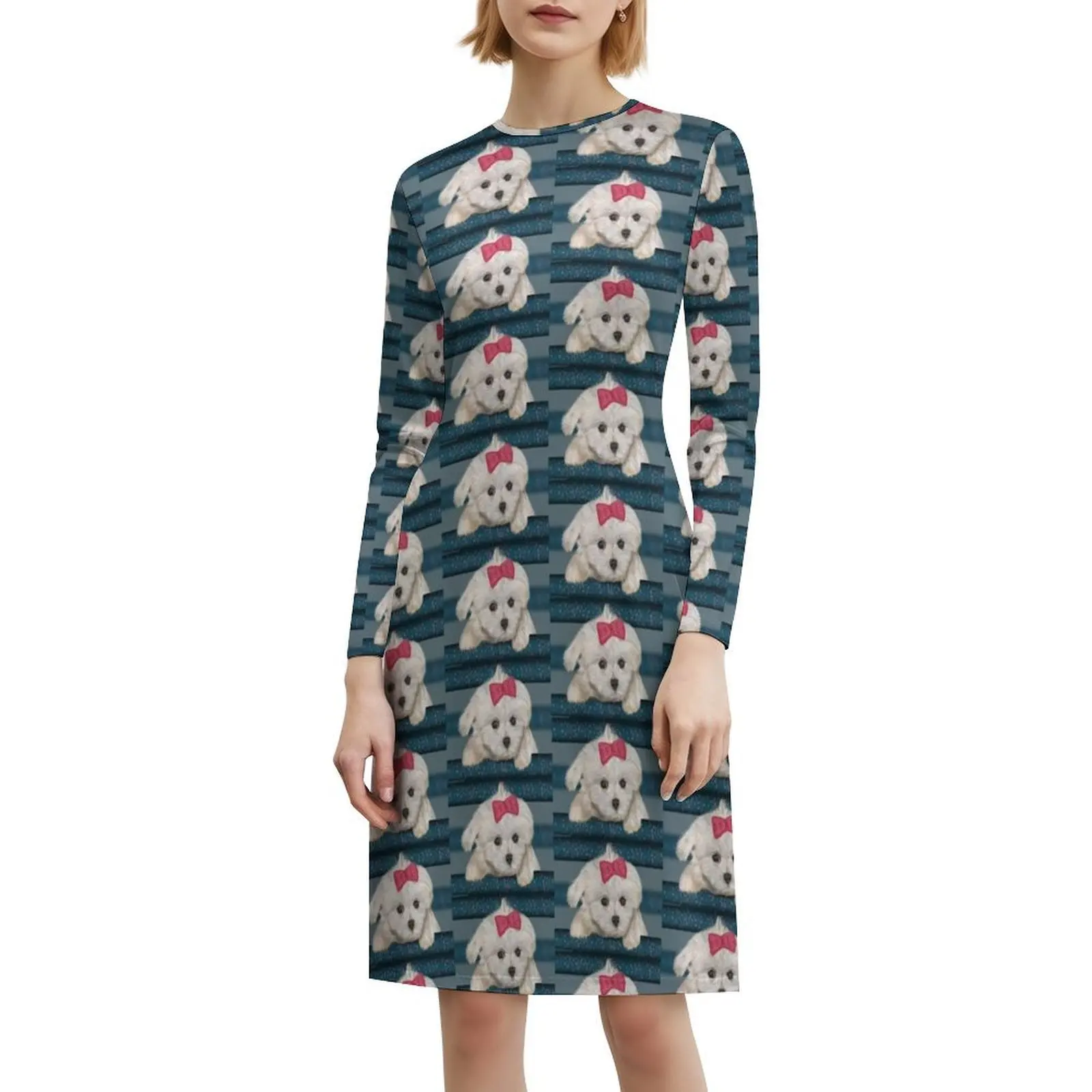 كلب مالطي لطيف مع فرو كريمي وشريط أحمر فستان بوهيمي عتيق بأكمام منتفخة أو خيارات بدون أكمام للنساء فستان مالطي #6