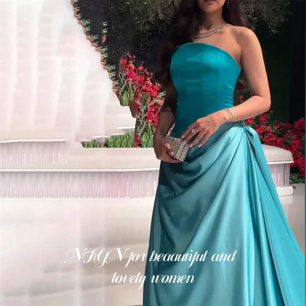 NFYN Teal Satin Party Dresses Strapless Sleeveless Evening Dresses A Line Prom Gown Pleated فساتين سهره Minimalist Customized image 3