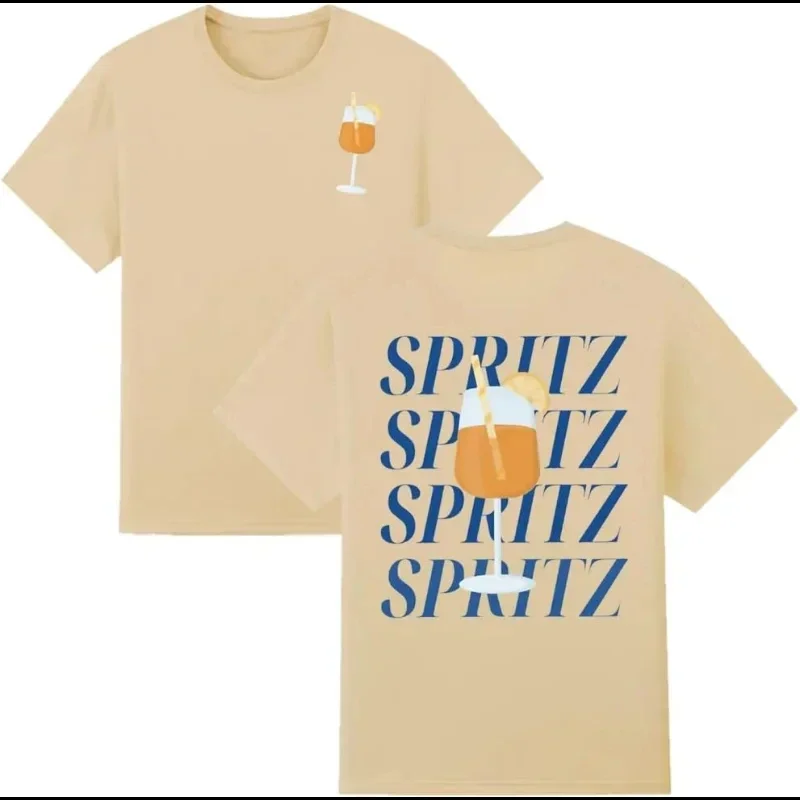 Nowy letni nadruk Aperol Spritz Drink koktajlowy wzór okrągły kołnierzyk luźne topy na co dzień T-shirt z krótkim rękawem ubrania damskie