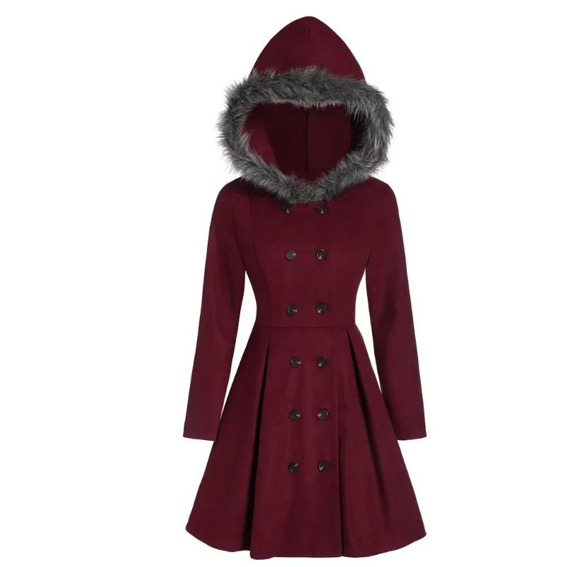 Abrigo de piel sintética para mujer, parka cálida de longitud media con capucha y doble botonadura, Color liso, a la moda, novedad de invierno, 2023