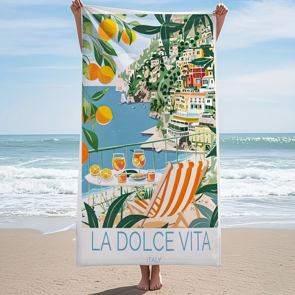 La Dolce Vita Italy Vintage Spritz Beach Towel - Ultra-Soft Microfiber, Quick-Dry, Coastal Scene with Oranges & Chairs