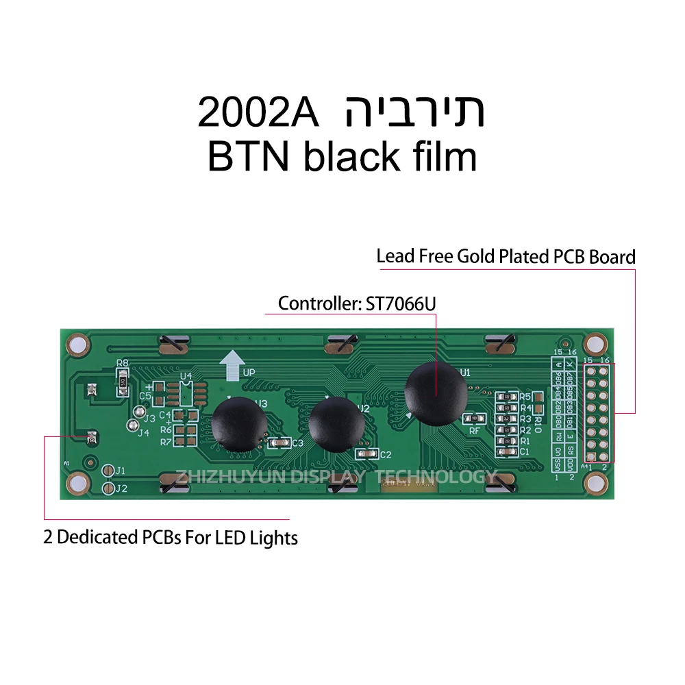 LCD 2002A Hebrew Character Display BTN Black Film Green Text ST7066U Controller 2.6-Inch Multi Language Font Library