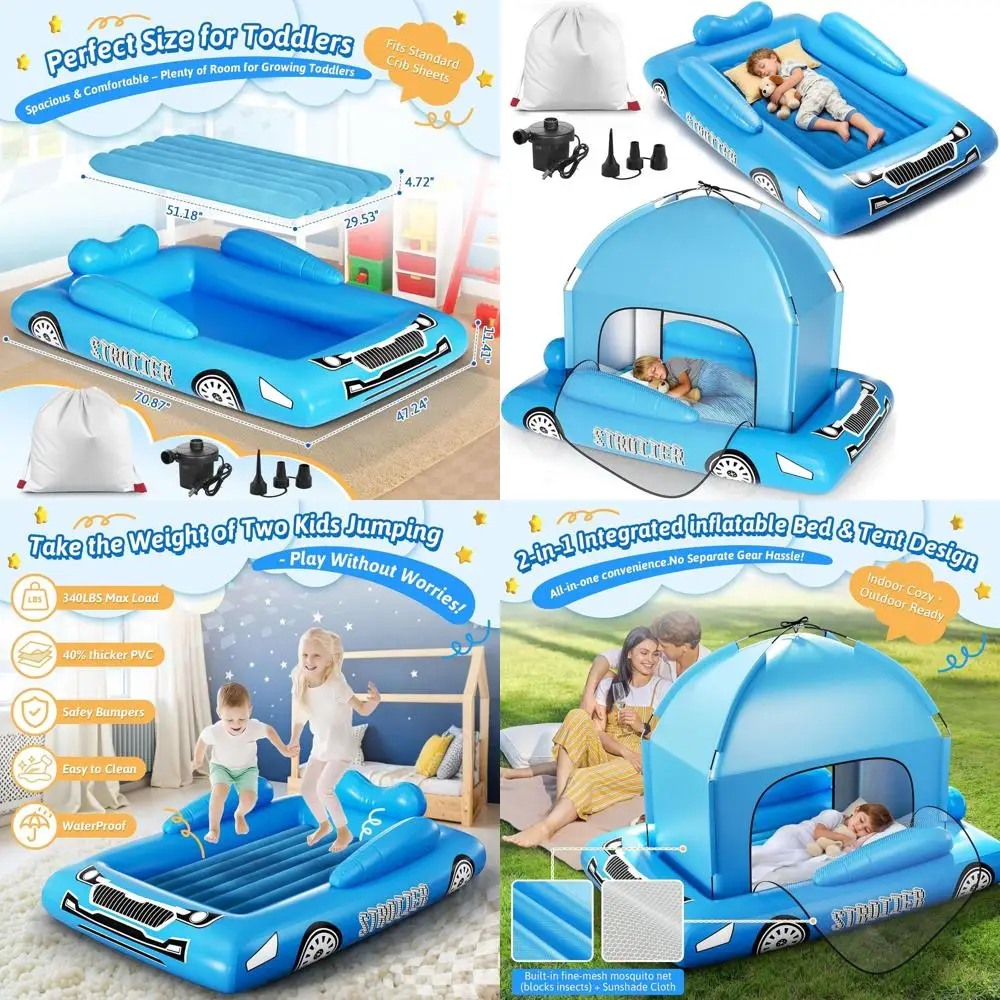 

Portable Toddler Travel Bed with Tent - Inflatable Air Mattress Cot for Kids, Safety Bumper, Pump, and Carry Bag - Ideal for Ind
