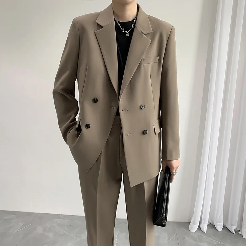 Fashion Trend Double Breasted Suits Sets Blazer Jacket Pant Men Korean Business Casual Loose Suits Male Dress Wedding Suits