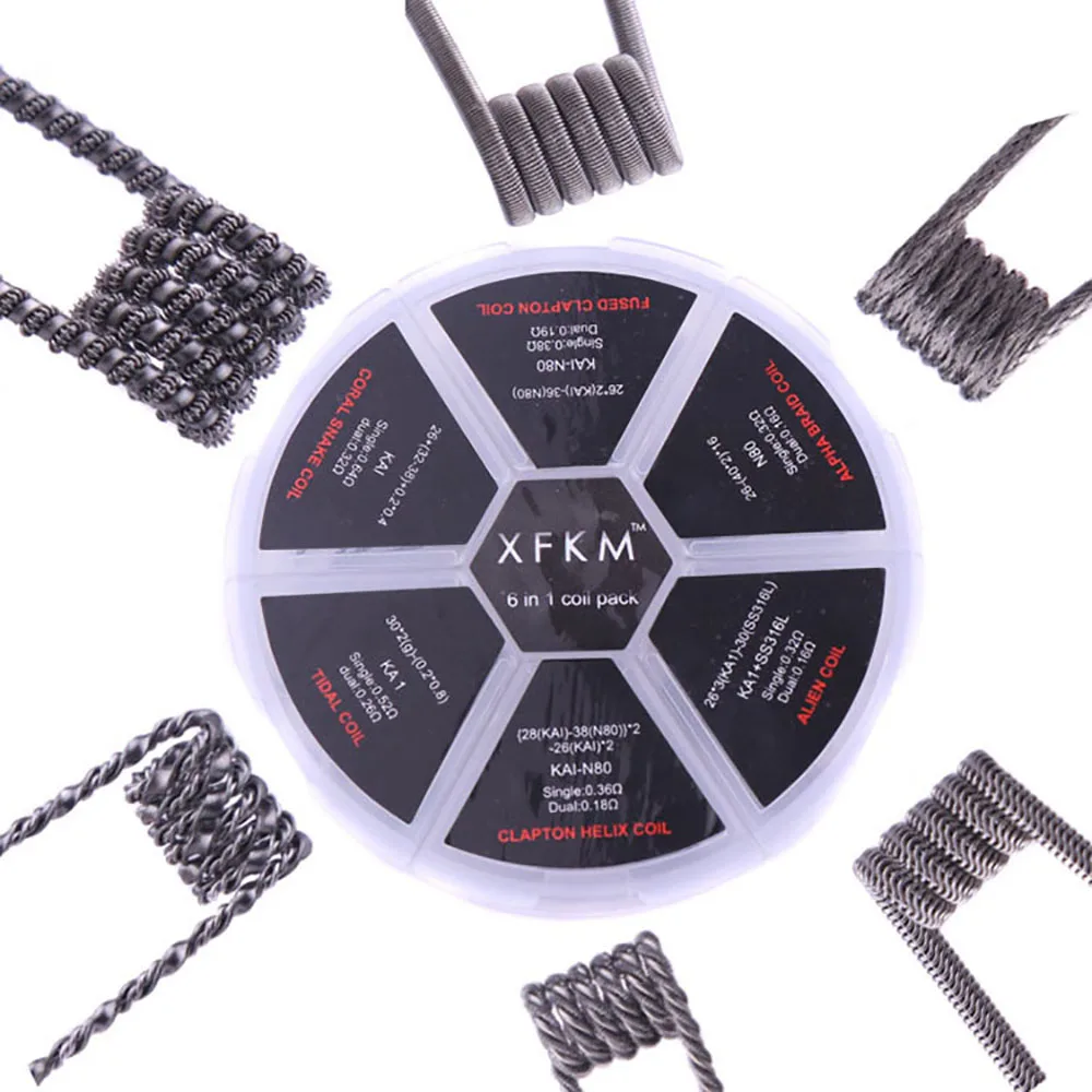 XFKM 6 in 1 24pcs/box Clapton Coil Pack Alien Alpha Braid Fused Clapton Helix Clapception Coil Tidal Coil For RTA RDA DIY Wire