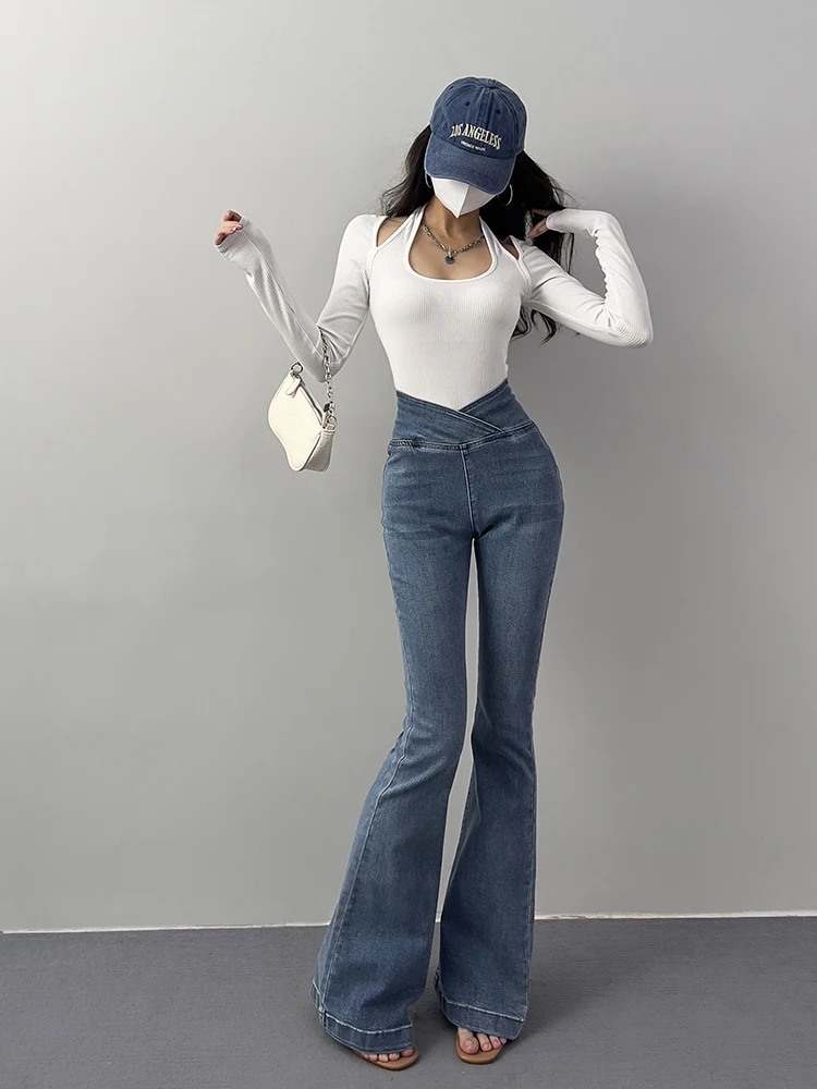 

Women's denim floor mop pants high waisted flared elastic jeans women's fashion slim fit buttocks wrapped 2024 summer women's