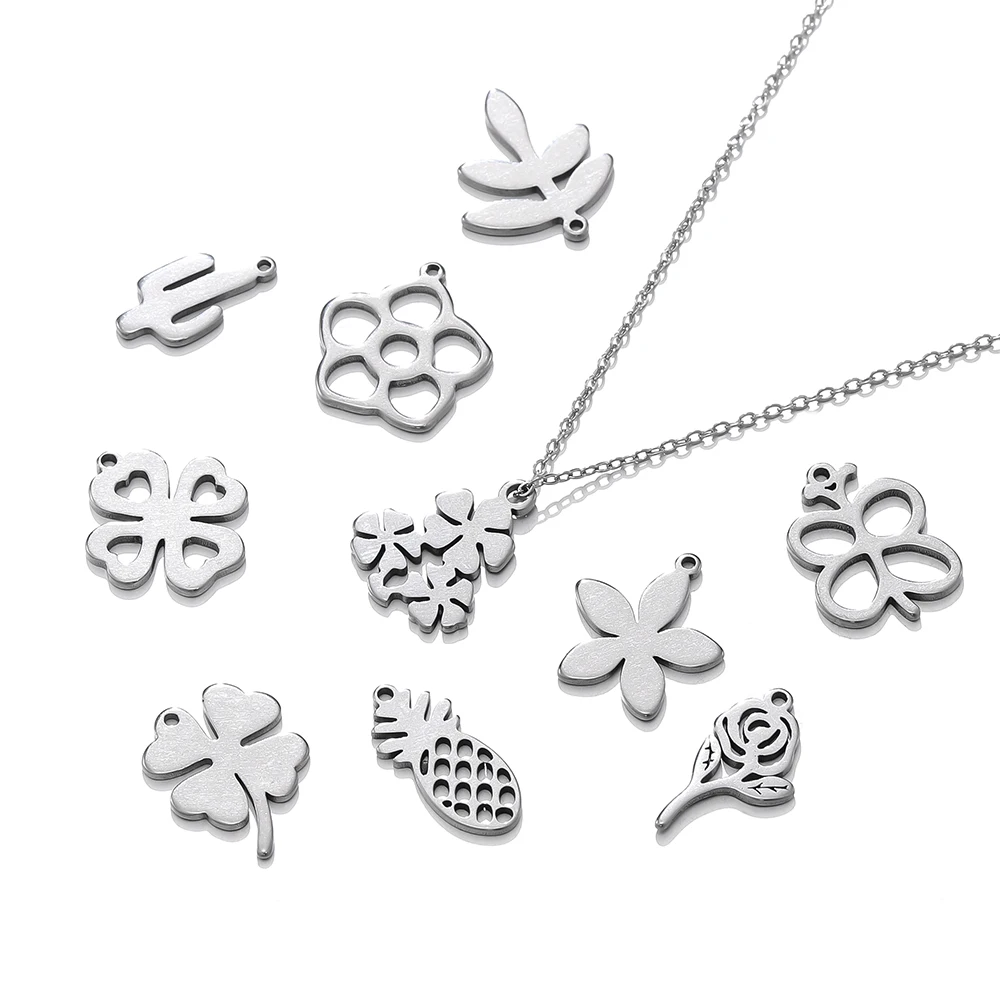 5Pcs/Pack Stainless Steel Flower Pineapple Leaf Charm Pendants for Handmade DIY Women Necklace Jewelry Making Accessories