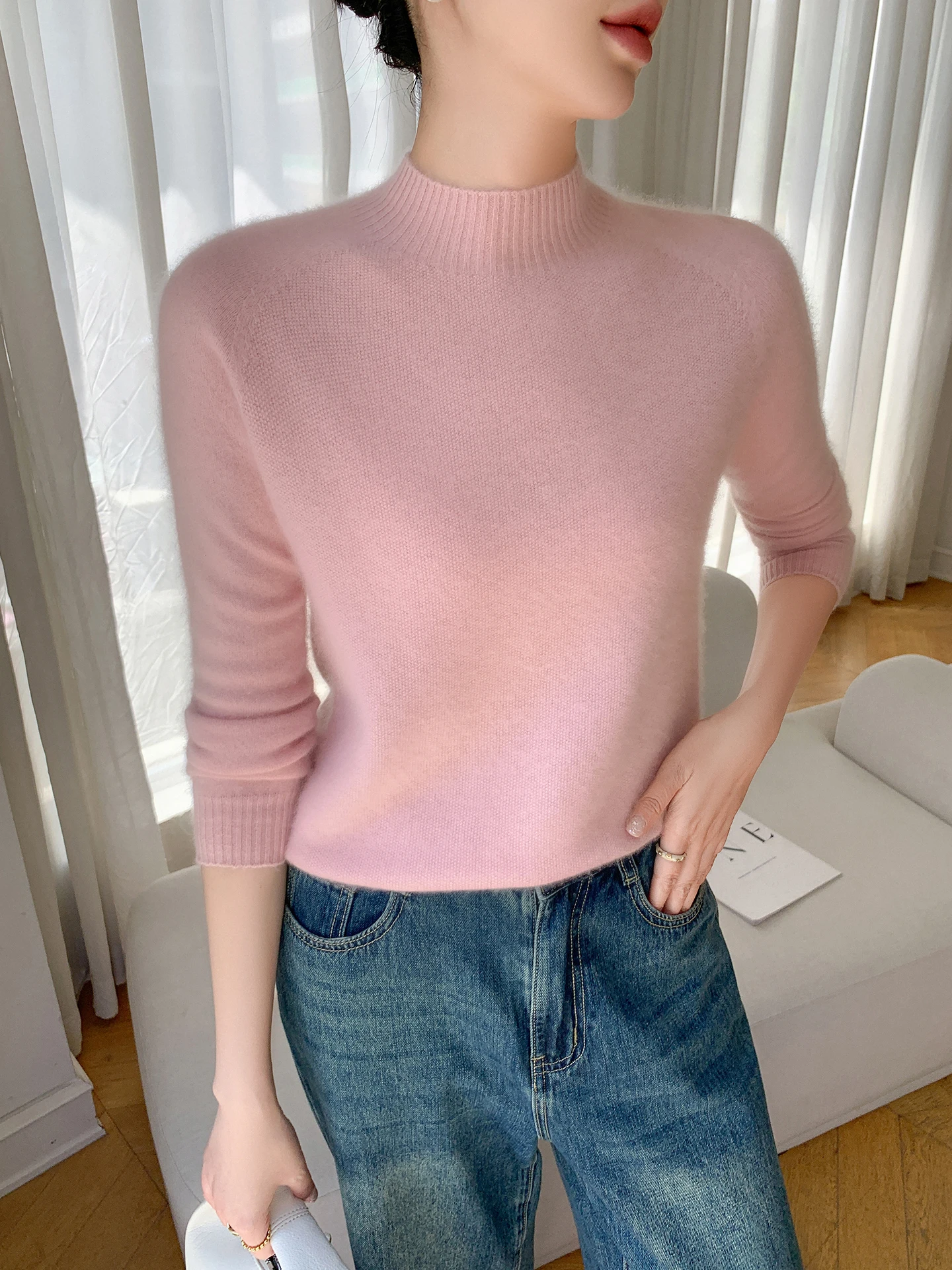 Sweater Rajut Wanita Model Longgar Kerah Tinggi Kasual Hangat Bahan Lembut Atasan Panjang