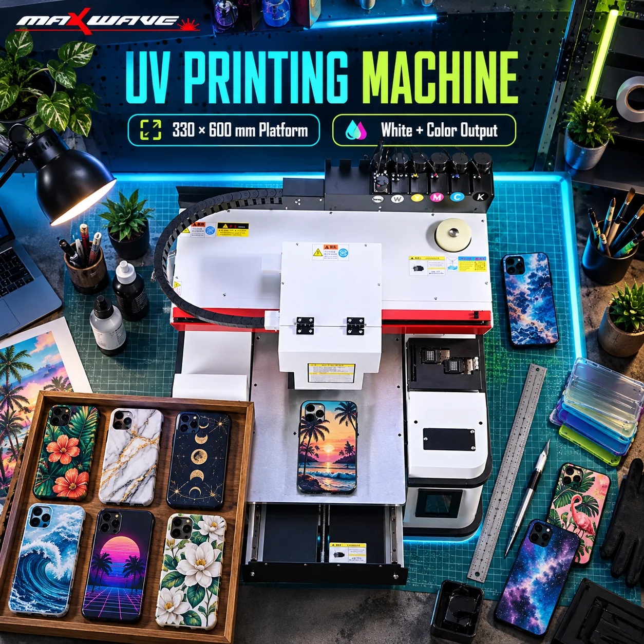 UV Flatbed Printing Machine 330 x 600 mm with White Color Output for Phone Cases