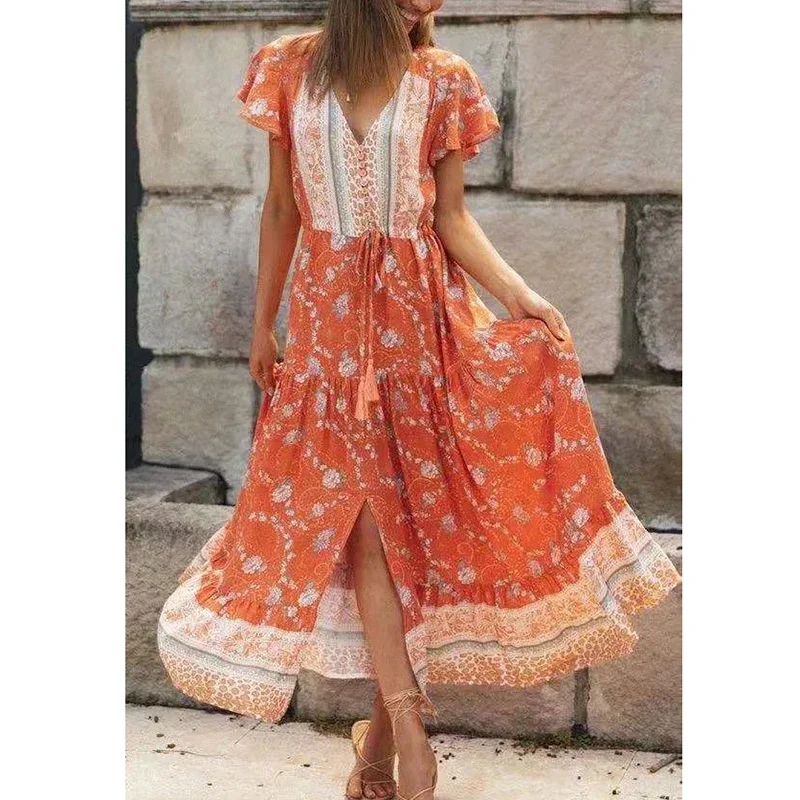 GypsyLady Orange Floral Maxi Dress Summer Vintage Holiday Women Dress Button Front Split Ruffles Tassels Lady Female Long Dress