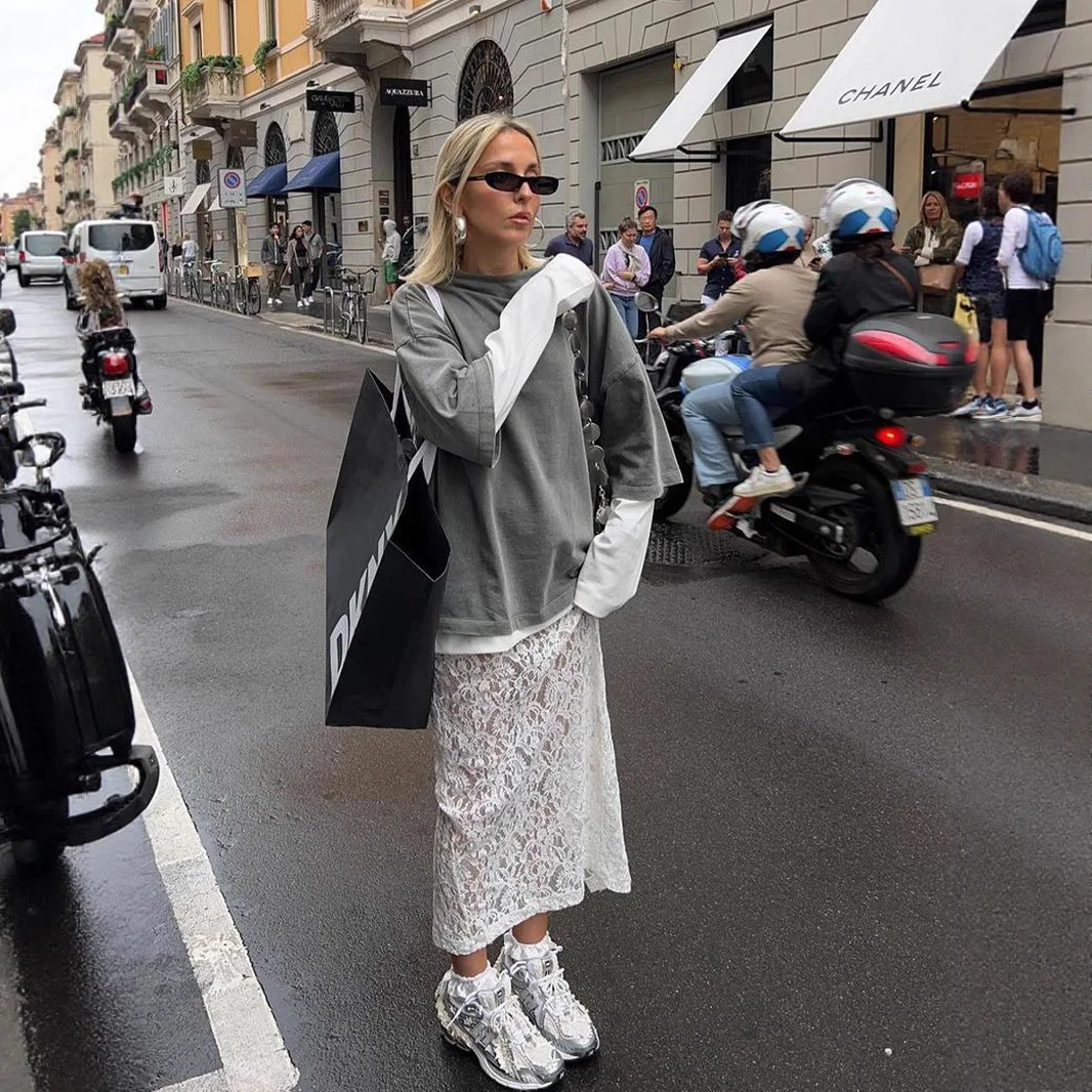 

White lace skirt Europe and the United States summer new street trend Jacquard openwork split lace skirt female