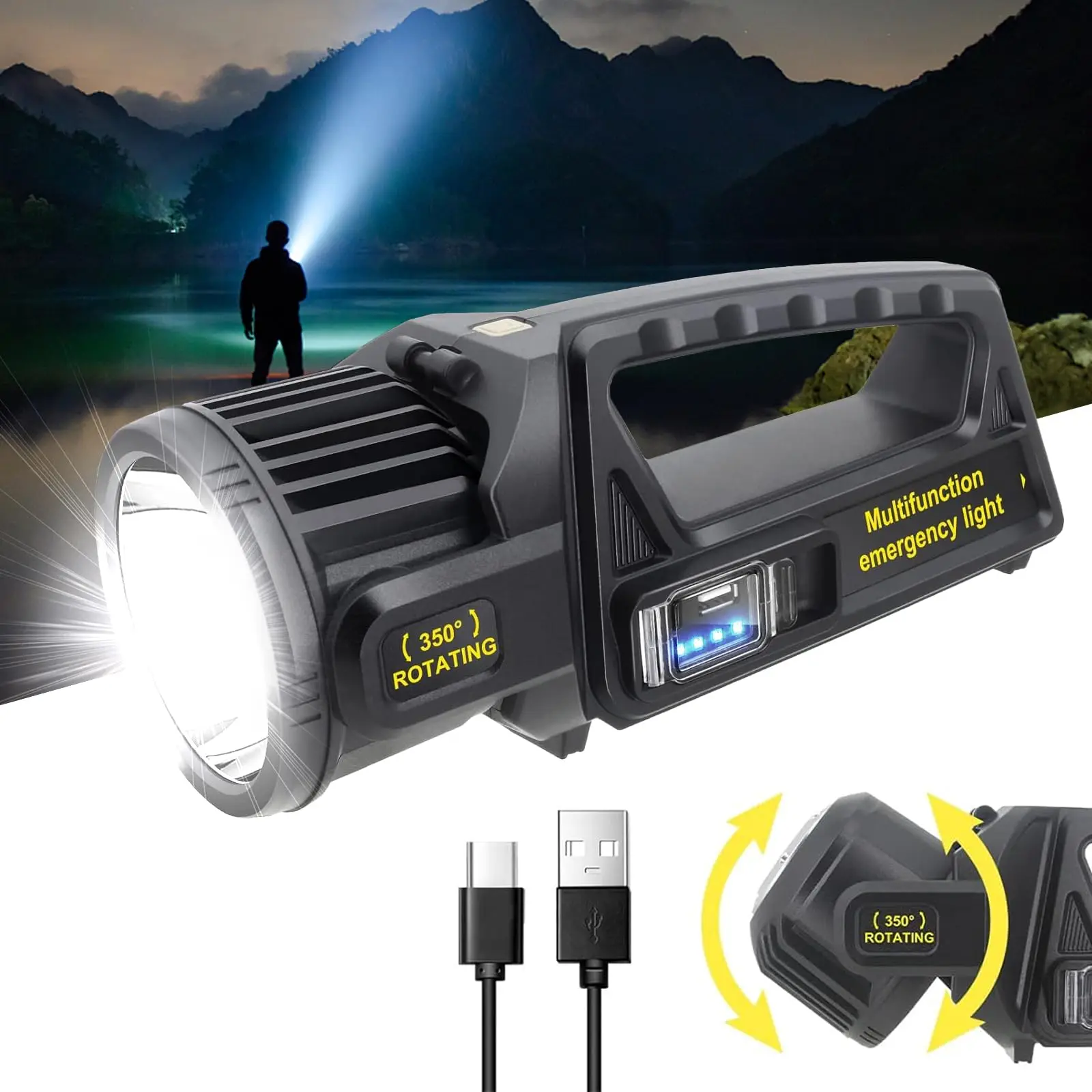 Rechargeable LED Torch 350000 Lumens Powerful Torches Spotlight with 350° Rotate Head 3000mAh Super Bright Seachlight Flashlight