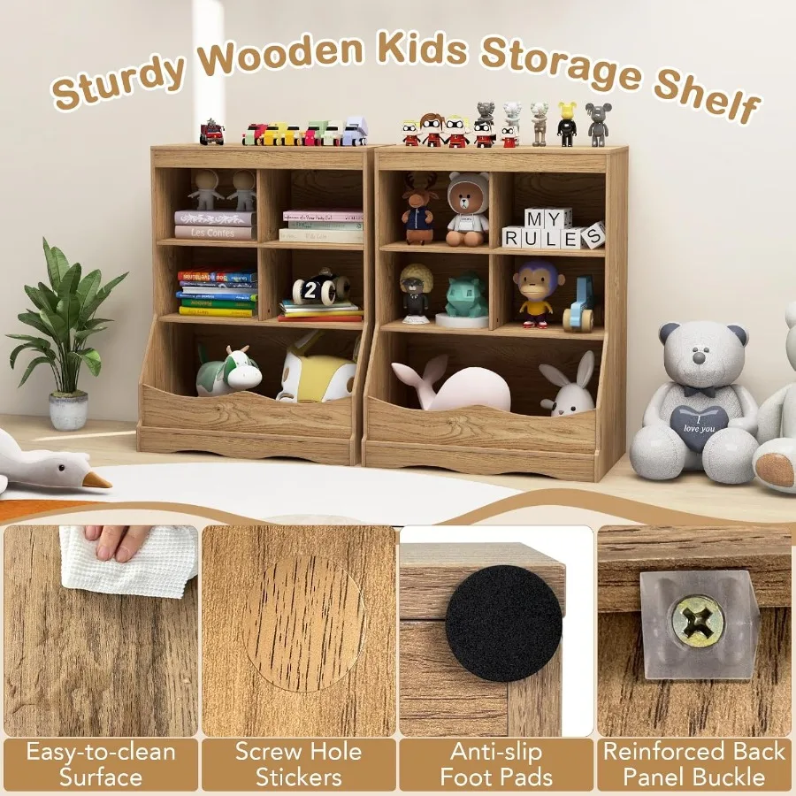 Organizer na zabawki z drewna z regałem i półką ekspozycyjną do pokoju dziecięcego, przedszkola lub garderoby, szafka z 4 przegródkami z naturalnego drewna.