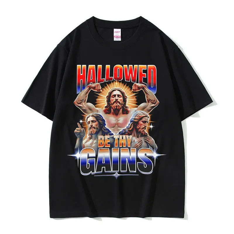 Hallowed Be Thy Gains Jesus Pump Cover Funny Meme T-shirts Men's Humor Fitness Muscular T Shirts Men Women Casual Cotton Tshirt