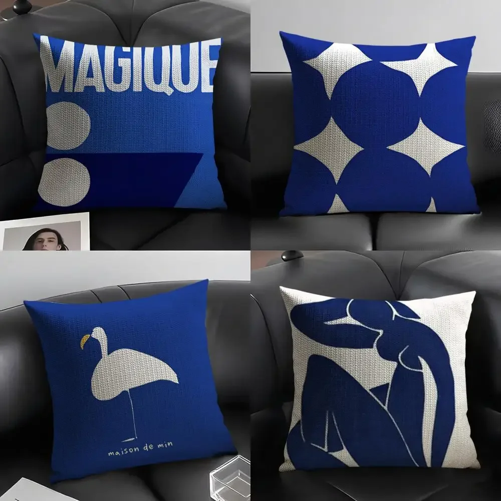 

Скандинавский стиль Ins Klein, синий чехол для подушки из натурального льна, органическая ткань, двухсторонняя печать, диван, домашний декор, дышащий