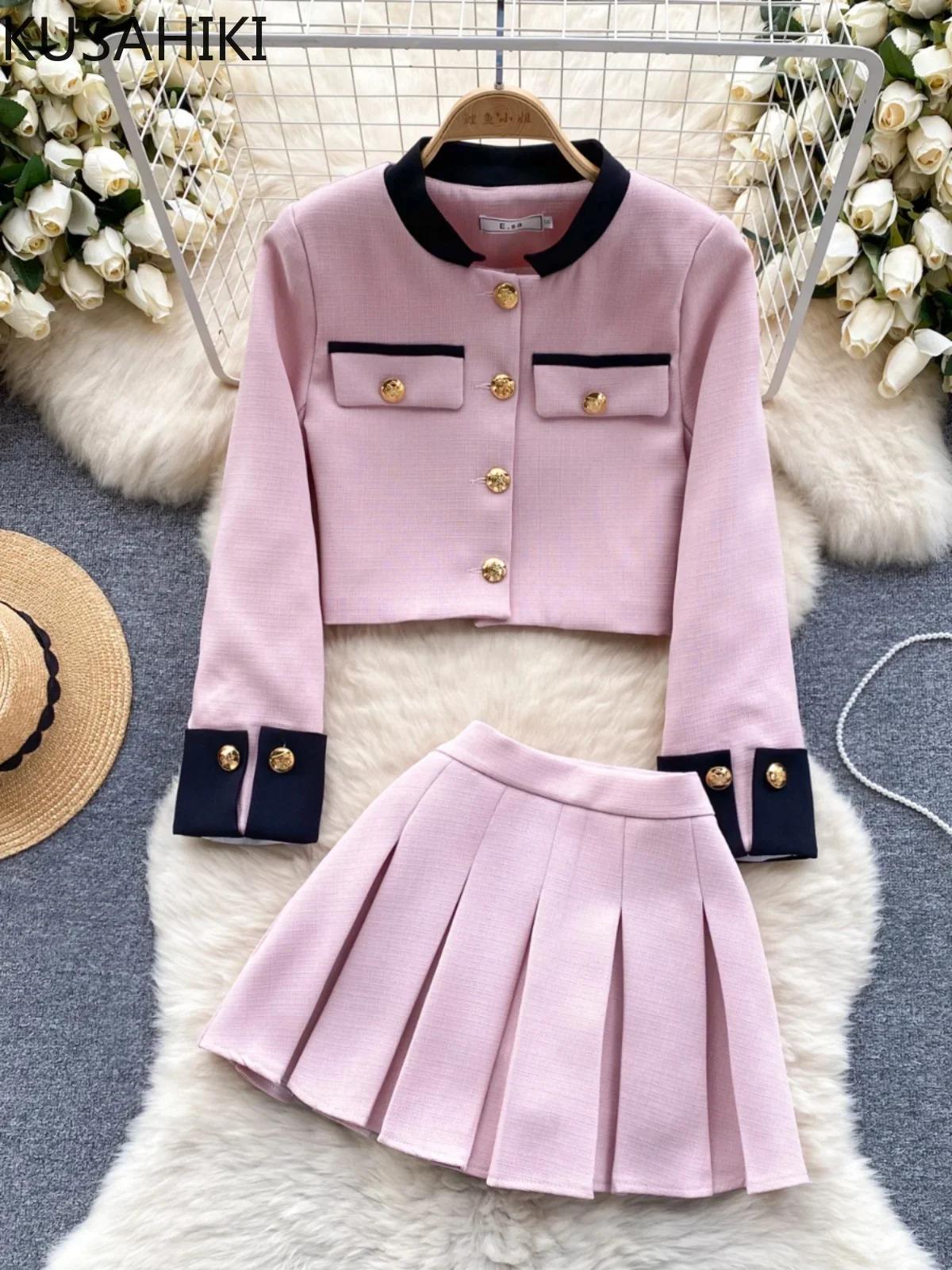 KUSAHIKI 2024 Spring Women's Color Block Short Cardigan Coat + High Waisted Pleated Half Skirt Two Piece Set