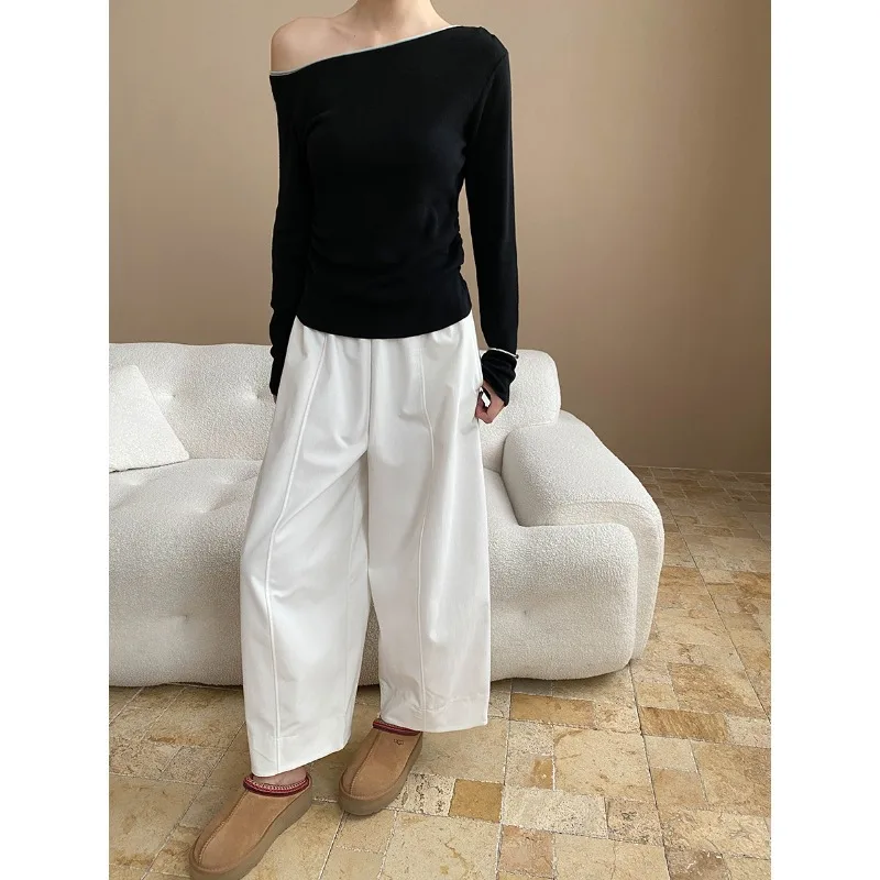 Gestrickte Frauen Pullover Jumper Solide Pullover Slash Neck Langarm Taille Cinched Schlank Büro Dame Casual Frühling Herbst 2025,