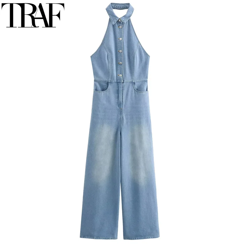 

TRAF Long Jumpsuit Woman Off Shoulder Denim Jumpsuit Women Halter Neck Baggy Wide Pants Jumpsuits Summer Backless Overalls Jeans