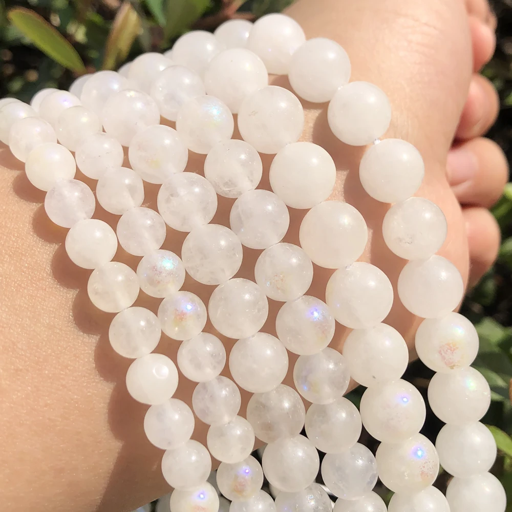 Batu Alami AB Putih Moonstone Kuarsa Kristal Manik-manik Longgar untuk Membuat Perhiasan Diy Gelang Kalung 15 Inci 6 8 10 Mm