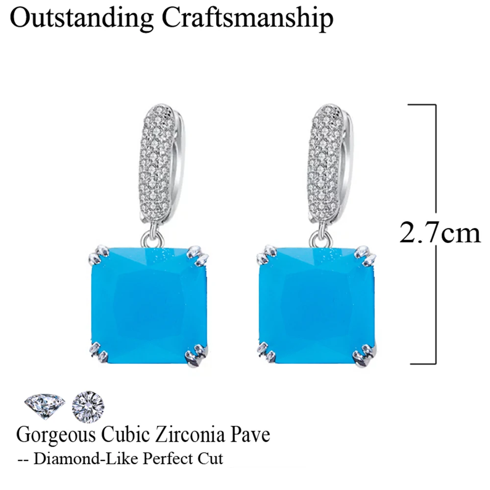 BeaQueen Fashion Square Drop Earrings White Micro Pave Cubic Zirconia Green CZ Crystal Stone Jewelry for Women Daily Party E502