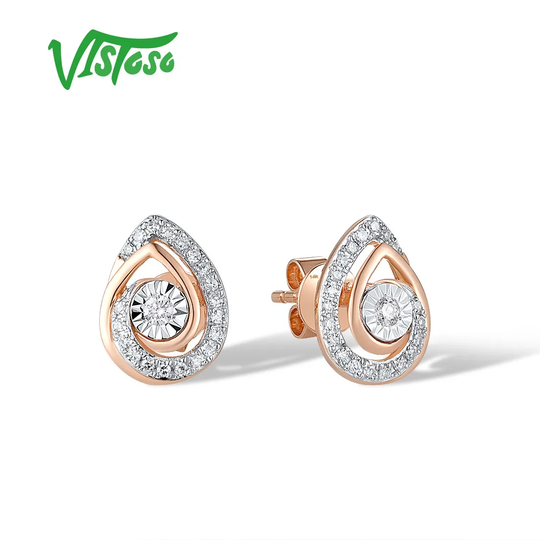 VISTOSO Genuine 14K 585 Two-Tone Gold Stud Earrings For Women Sparkling Diamonds Delicate Wedding Anniversary Fine Jewelry Set