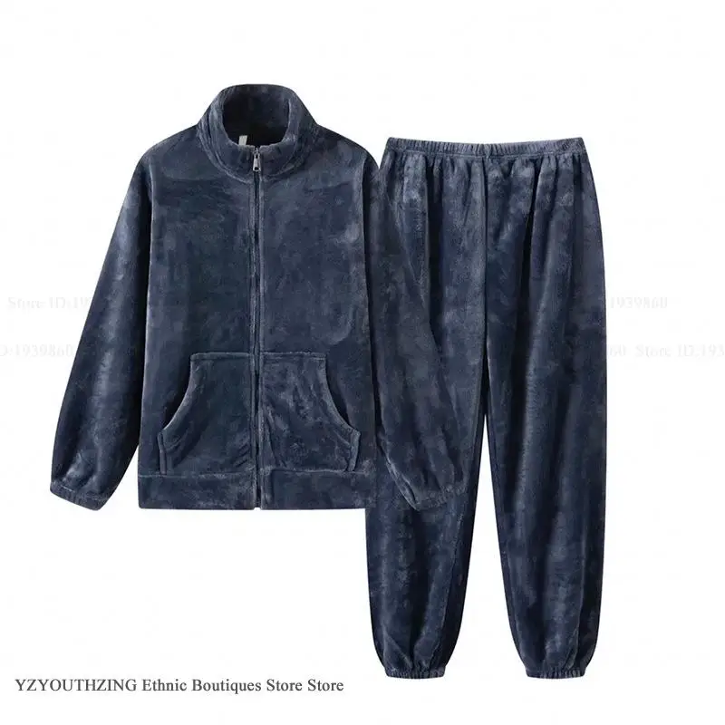 Winter Female Pajamas Set Sleepwear Warm Coral Fleece Trouser Pijamas Suit with Pocket Loose Thick Flannel High Collar Home Wear 4