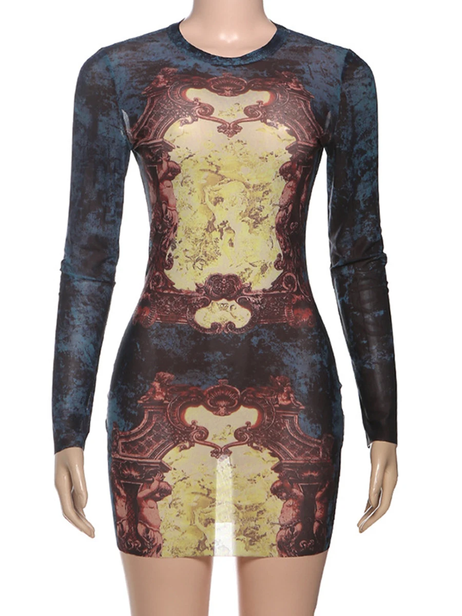ZIML Amerikanischen Stil Slim Fit Druck Mini Kleider Für Frauen Rundhals Langarm Hohe Taille Design Sinn Party Kleid Weibliche