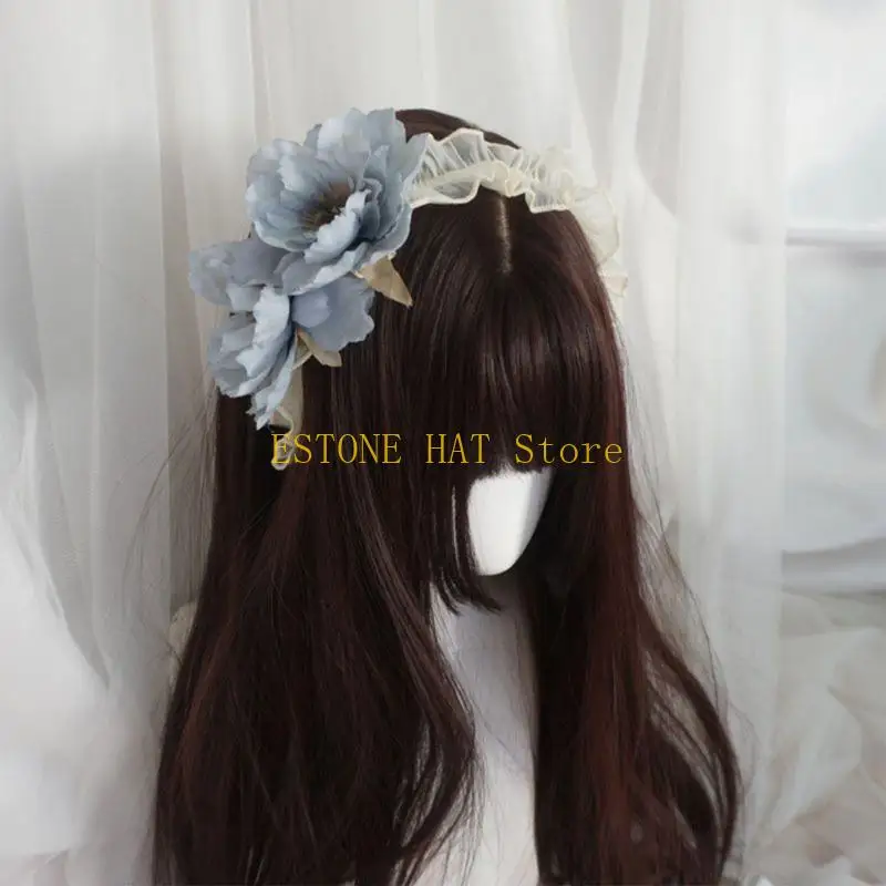 

49MF Gothic Lolitas Headdress Maid Headwear Lace Hair Accessories Cosplay Headband Big Flowers Decors Sweet Hair Hoop Clip
