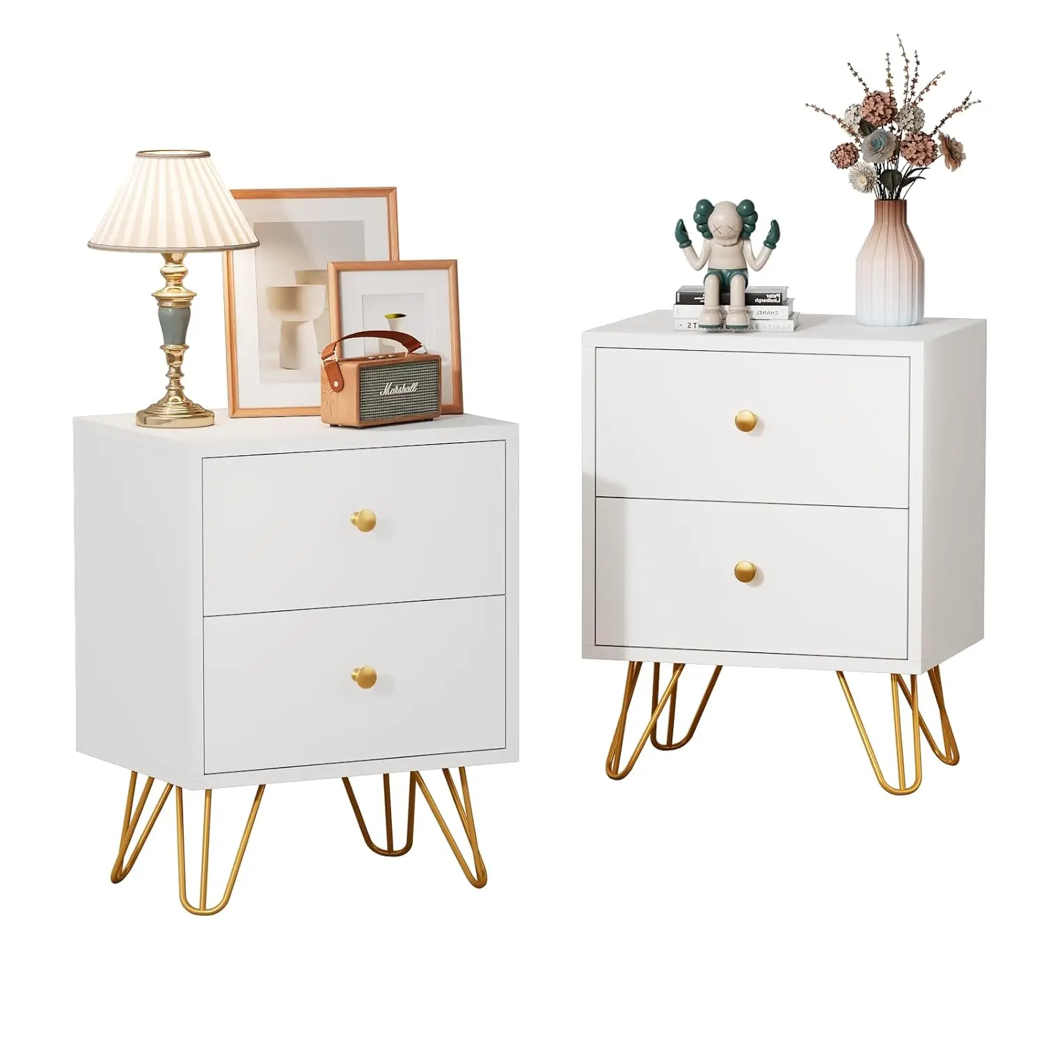

White Nightstand Set of 2 with 2 Drawers Metal Legs Gold Handles Bedroom Hallway End Table, Customized