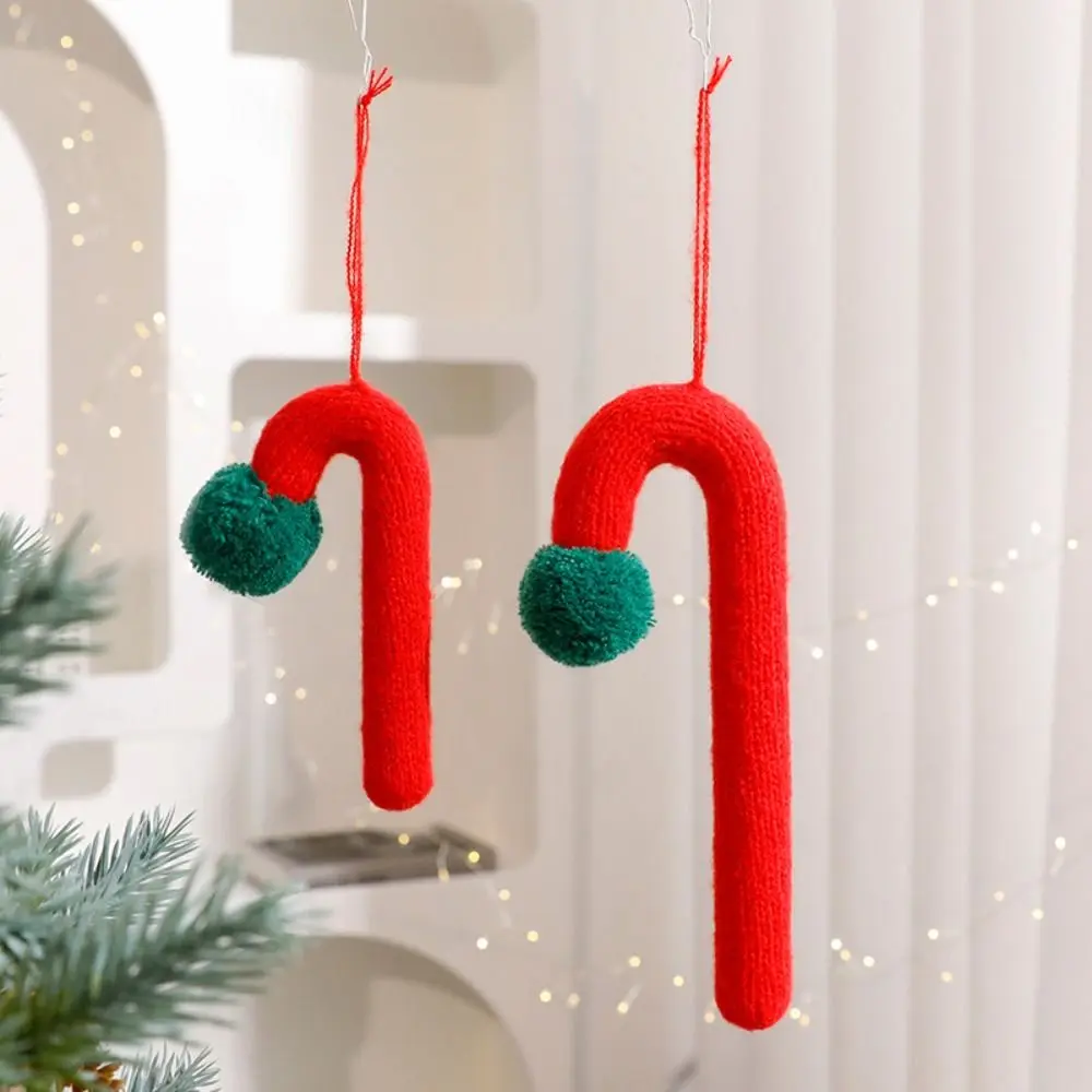 Knitted Plush Christmas Cane Candy Cartoon Handmade Christmas Walking Stick Candy Red Green Hanging Candy Cane Ornaments