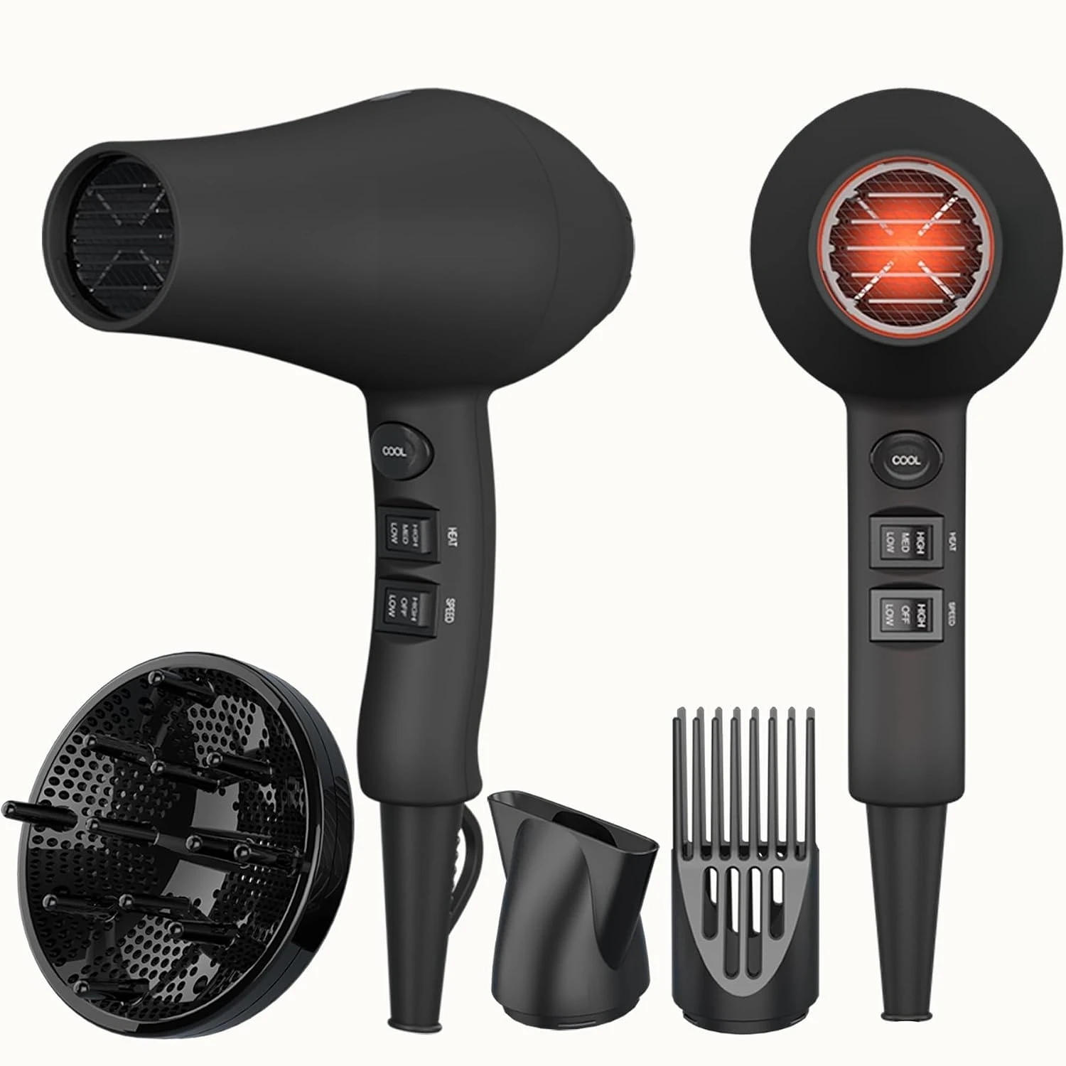 Hair Dryer with Diffuser & Comb and Concentrator, Lightweight Quiet Infrared Blow Dryer,    Black